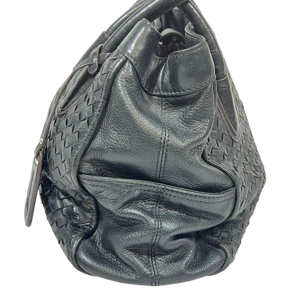 B. Makowsky Shoulder Tote Bag Purse Black Woven Braided Leather Leopard Lining - Picture 5 of 12